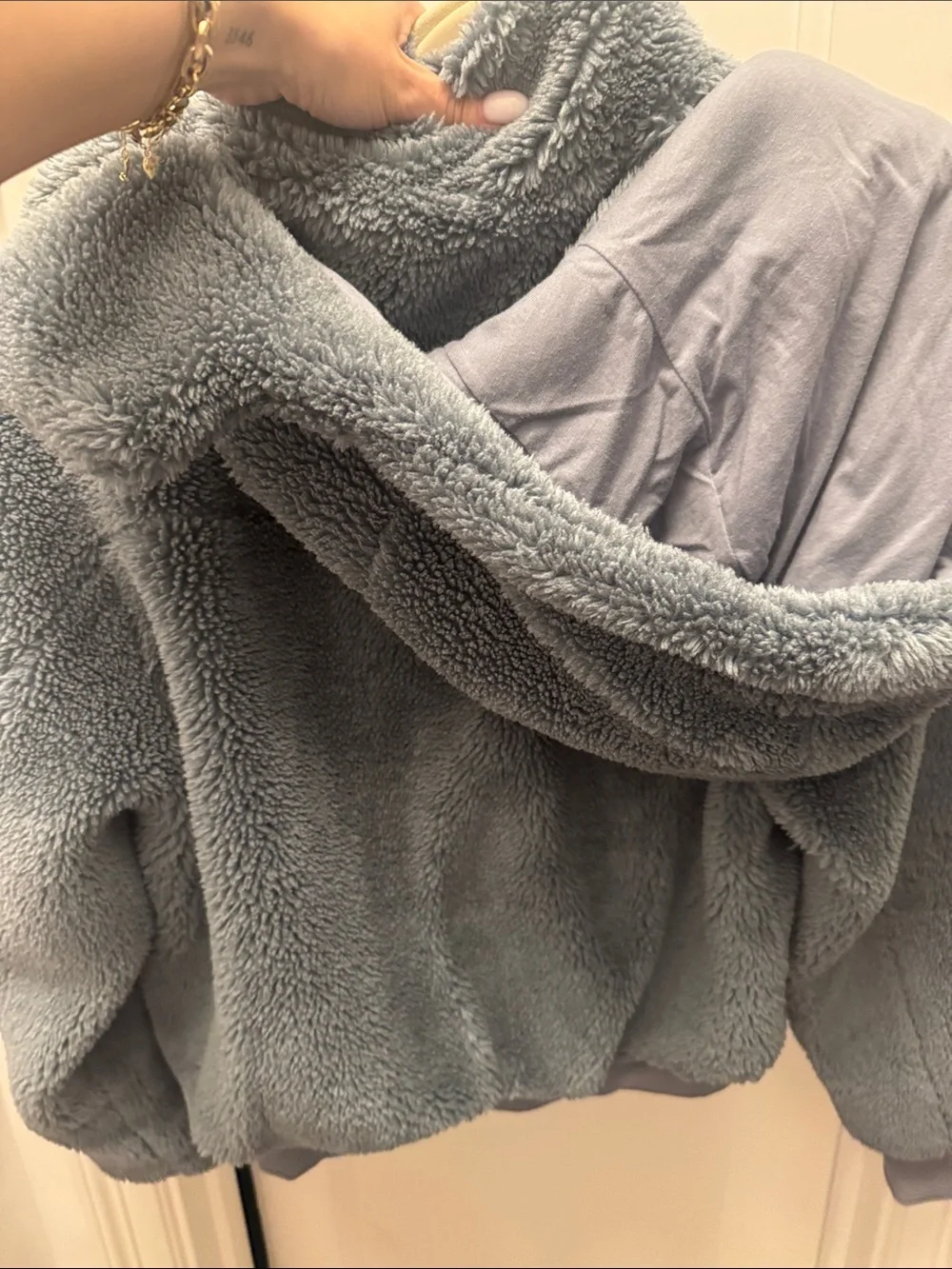 ALO Yoga Plush Bomber Jacket - Dusty Blue - removable hood